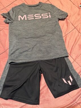 Messi Grey Athletic Tee & Black Shorts Set with Pink Logo